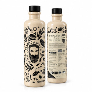 Sopato Field 07 Edition – early harvest organic extra virgin olive oil P.D.O in a 500 ml clay bottle, front and back