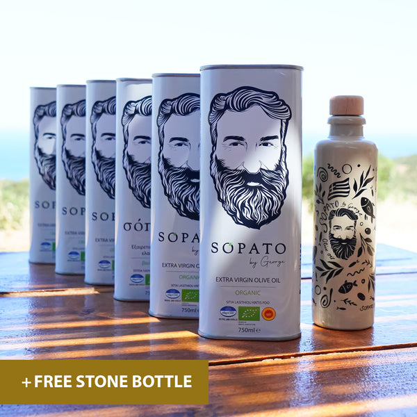 Sopato 4,5L Organic - Extra Virgin Olive Oil Bundle (6x 750ml) + FREE Stone Bottle